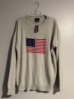 Simply Southern Men’s Cream Crewneck, Knit Sweater with American Flag (Size XL)